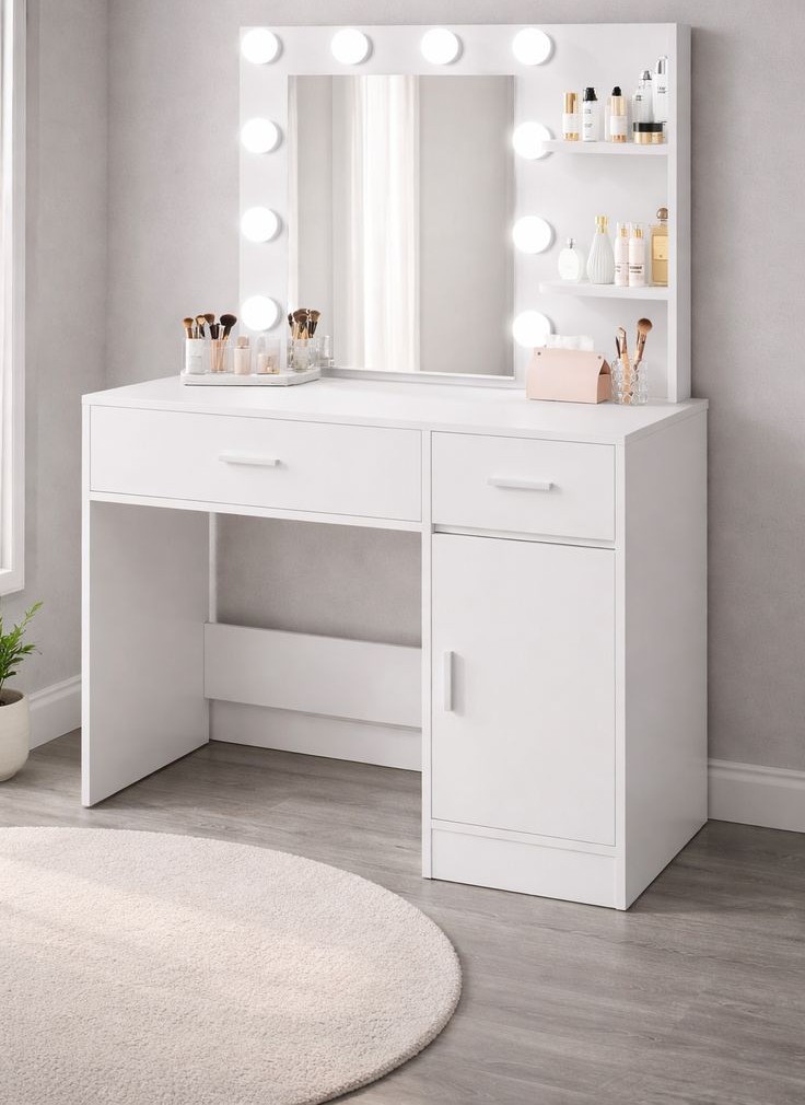 Minimalist-White-Vanity-with-Hidden Storage