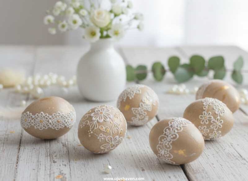 Champagne-toned-eggs-with-lace-inspired-patterns