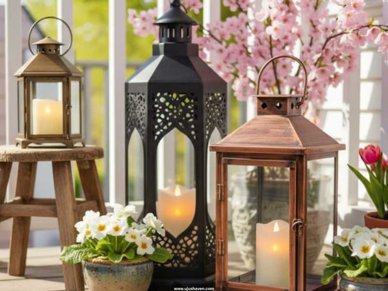Display-Lanterns-with-Candles-for-Soft-Lighting-Spring-Front-Porch-Decor-Ideas