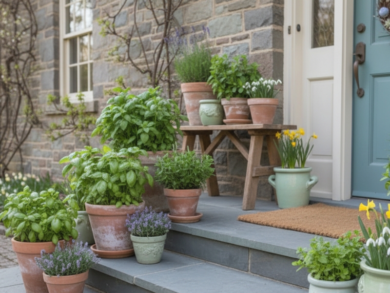 Display-Spring-Themed-Potted-Herbs-for-Greenery-and-Scent-Spring-Front-Porch-Decor-Ideas