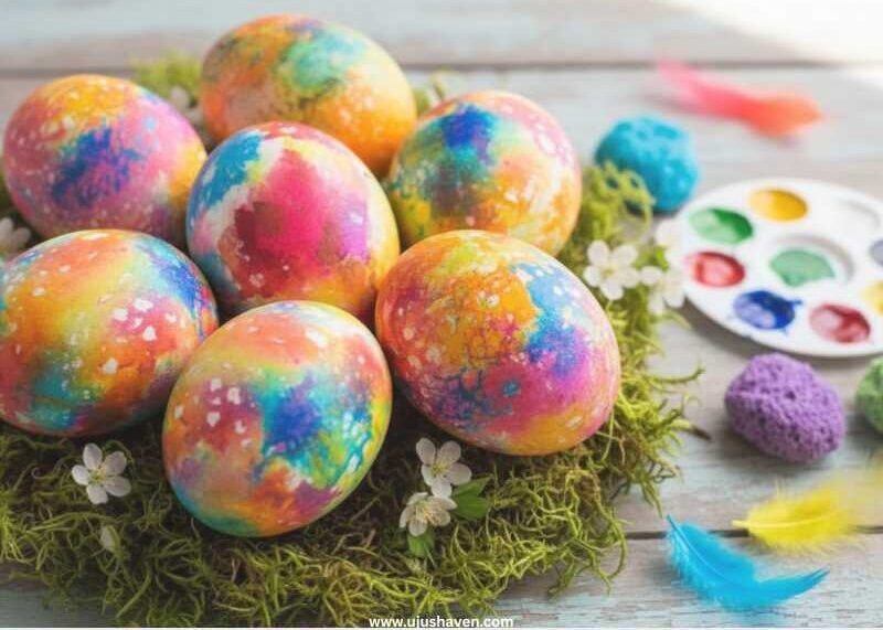 Sponge-painted-eggs-with-mixed-bright-colors.