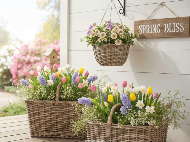 Use-Wicker-Baskets-Filled-with-Seasonal-Blooms-Spring-Front-Porch-Decor-Ideas