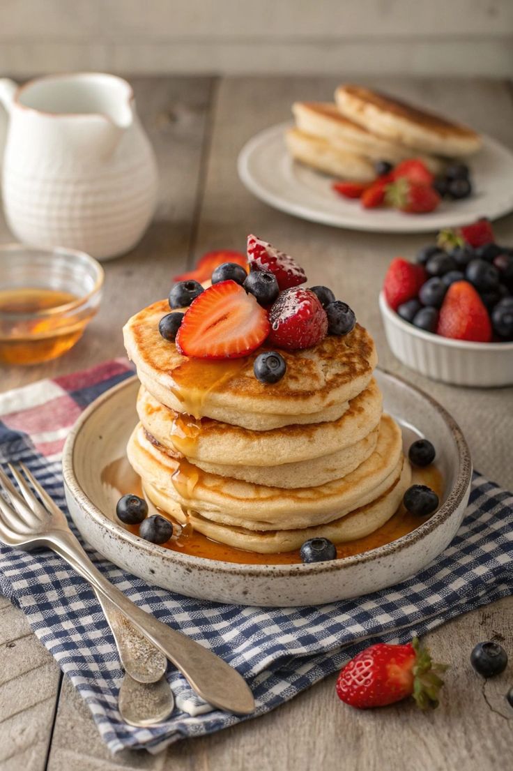 Fluffy-Pancakes-with-Fresh-Berries-and-Syrup