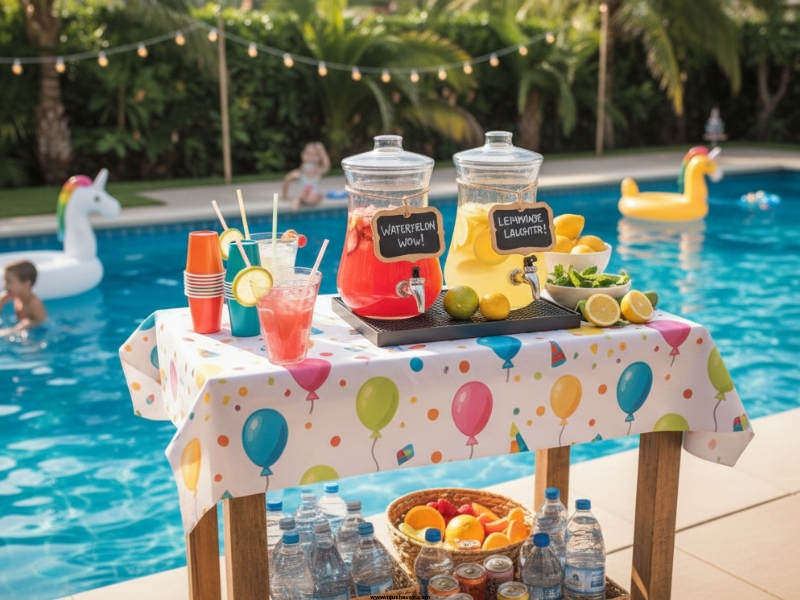 DIY-Drink-Station-with-Labeled-Dispensers-Pool-Party-Birthday-Decor.