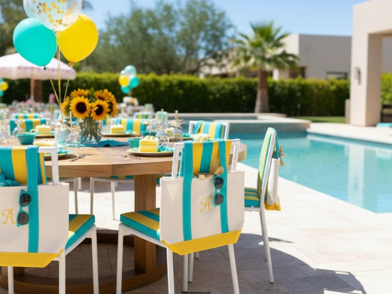 Matching-Favor-Bags-on-Chairs-Pool-Party-Birthday-Decor.