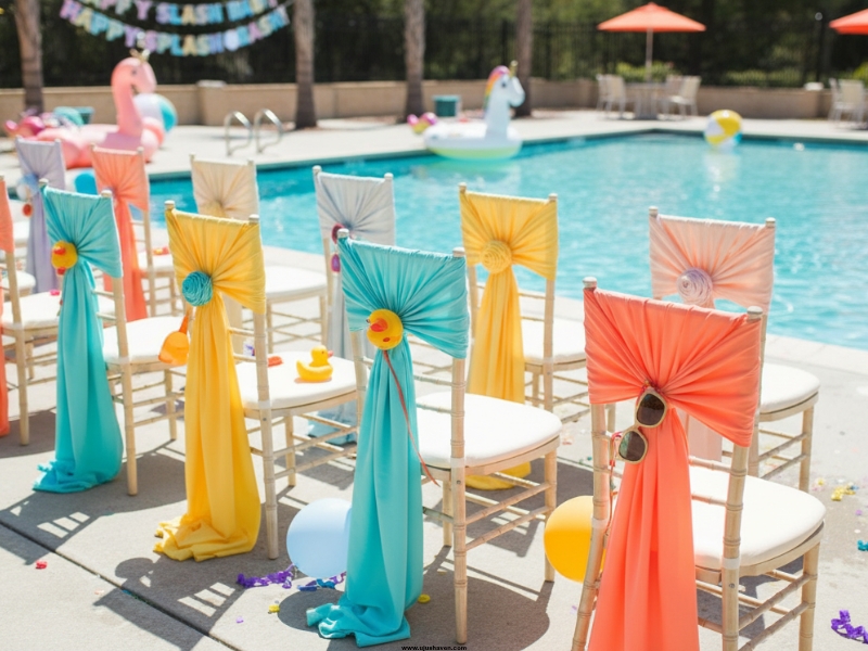 Styled-Chairs-with-Tied-Fabric-or-Ribbons-Pool-Party-Birthday-Decor.