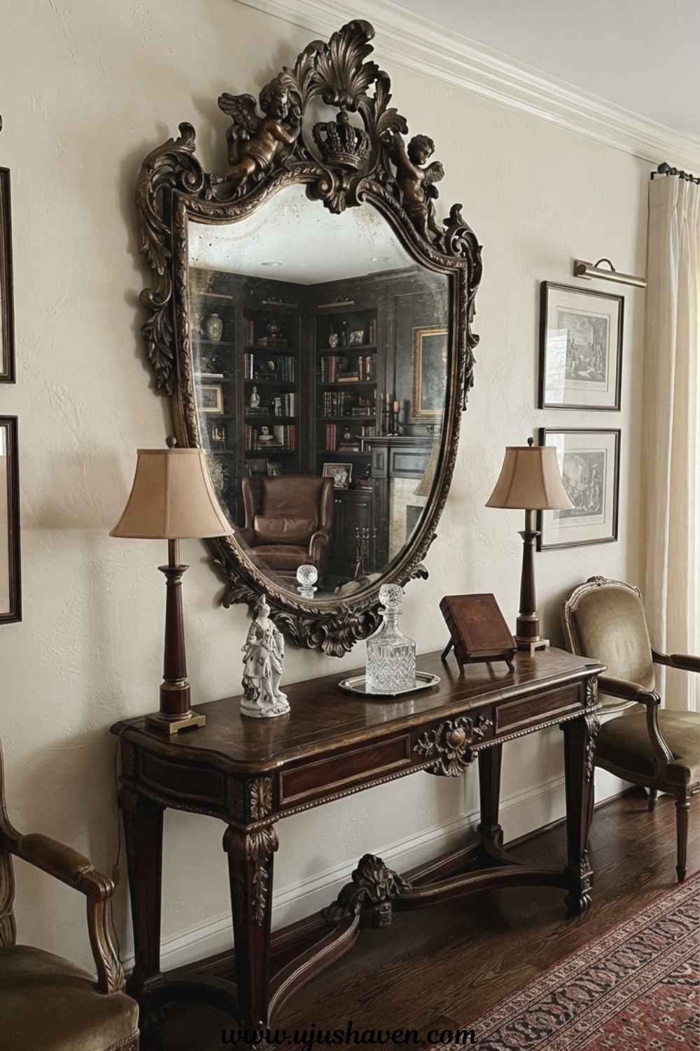 A-Single-Antique-Look-Mirror-as-Focal-Point-Old-Money-Living-Room-Ideas
